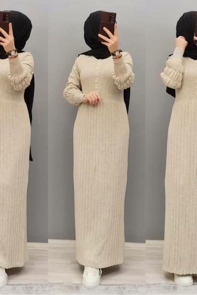 Kolu İncili Triko Elbisem  Krem