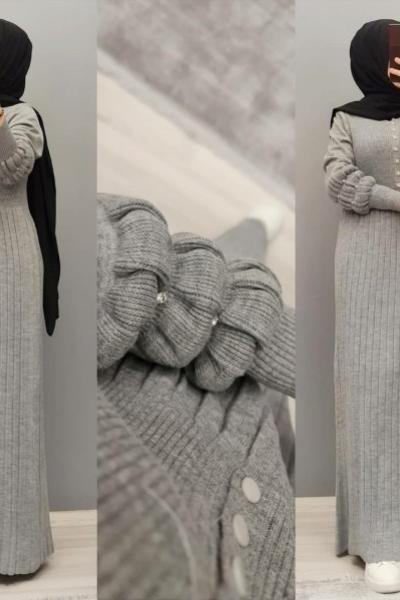 Kolu İncili Triko Elbisem  Gri