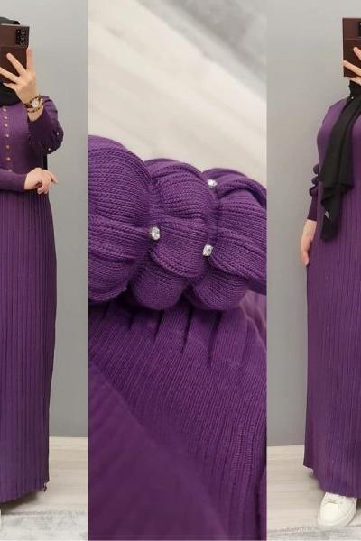 Kolu İncili Triko Elbisem  Mor