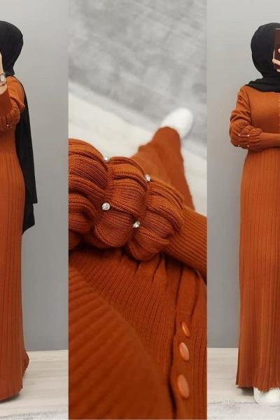 Kolu İncili Triko Elbisem  Kiremit