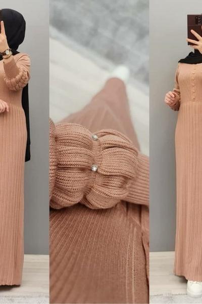 Kolu İncili Triko Elbisem  Pudra