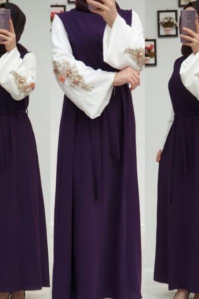 KOLU İŞLEMELİ ELBİSEM Mor