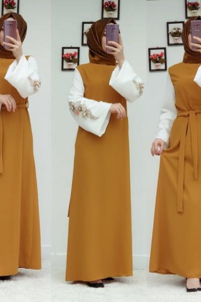 KOLU İŞLEMELİ ELBİSEM Hardal Sarısı