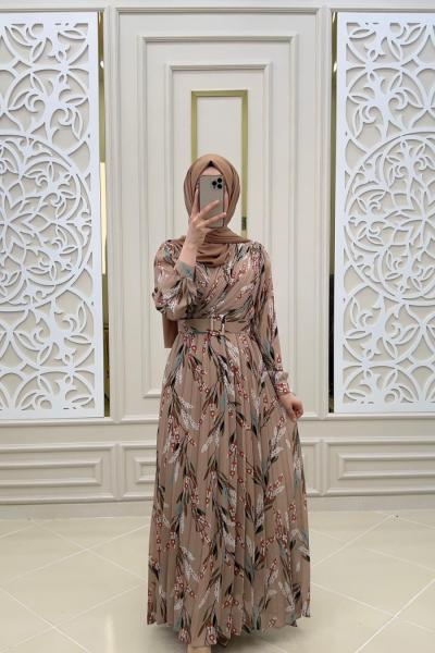 Kravze Tesettür Elbisem Vizon