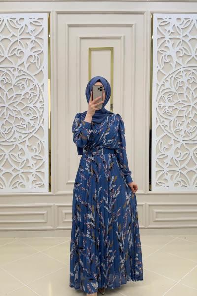 Kravze Tesettür Elbisem Saks Mavisi