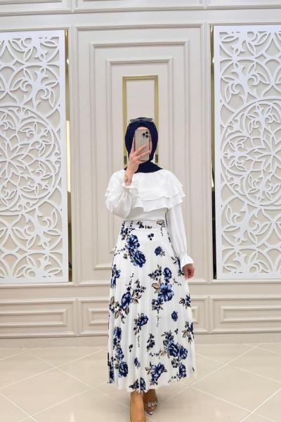 Nadide Tesettür Eteğim Beyaz mavi