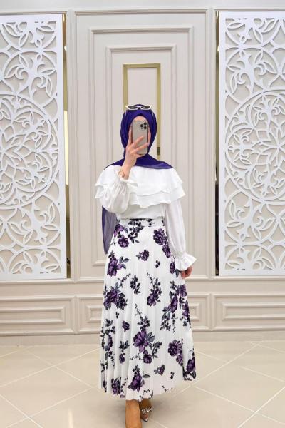 Nadide Tesettür Eteğim Beyaz mor