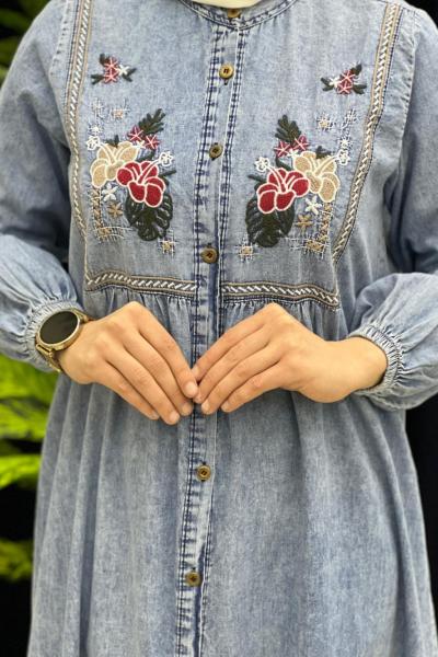 Nevra Nakışlı Kot Elbise Gök Mavi