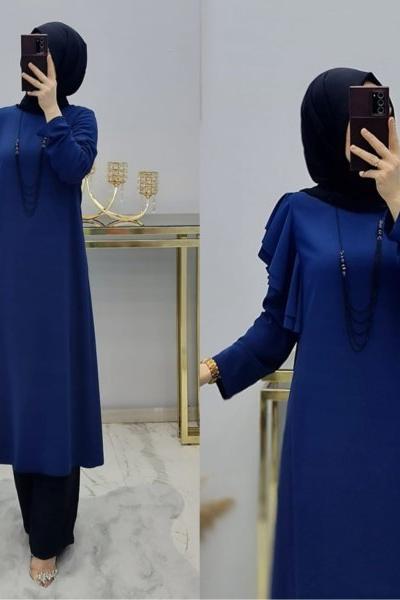 Omzu Fırfırlı Kolyeli Tuniğim İndigo