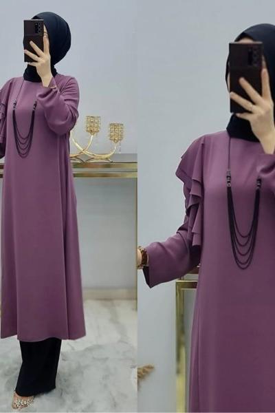 Omzu Fırfırlı Kolyeli Tuniğim Eflatun