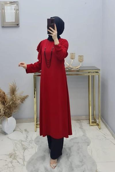 Omzu Fırfırlı Kolyeli Tuniğim Kırmızı