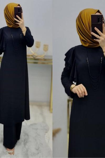 Omzu Fırfırlı Kolyeli Tuniğim Siyah