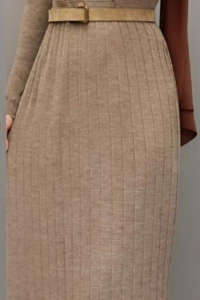 Önü Düğmeli Triko Elbisem Vizon