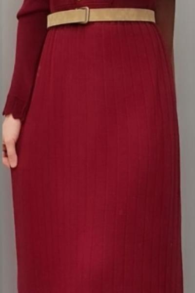 Önü Düğmeli Triko Elbisem Bordo