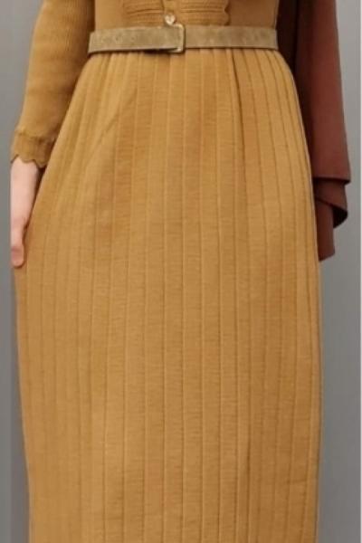 Önü Düğmeli Triko Elbisem Hardal Sarısı