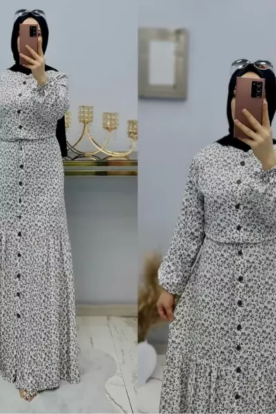 Önü Düğmeli Beli İpli Elbisem Beyaz