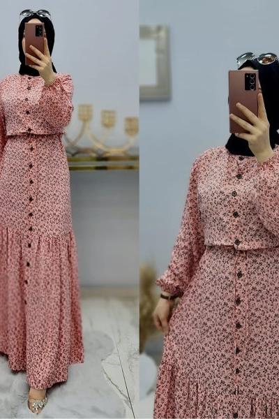 Önü Düğmeli Beli İpli Elbisem Pudra