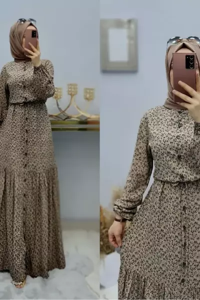 Önü Düğmeli Beli İpli Elbisem Vizon