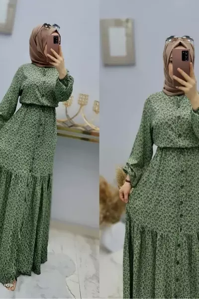 Önü Düğmeli Beli İpli Elbisem Yeşil