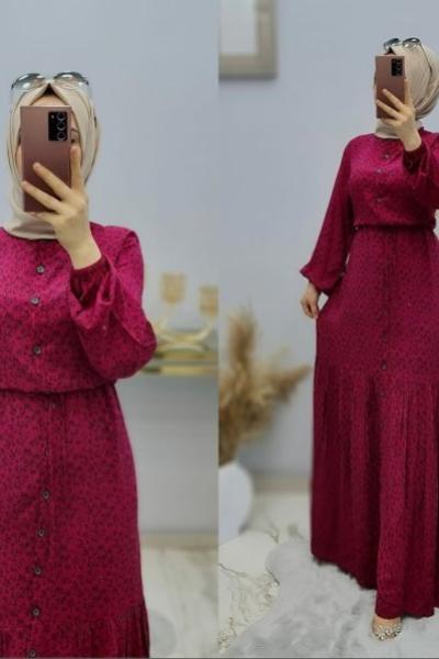 Önü Düğmeli Beli İpli Elbisem Fuşya