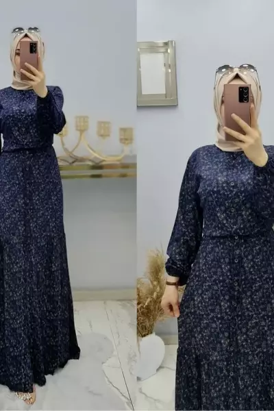 Önü Düğmeli Beli İpli Elbisem Lacivert