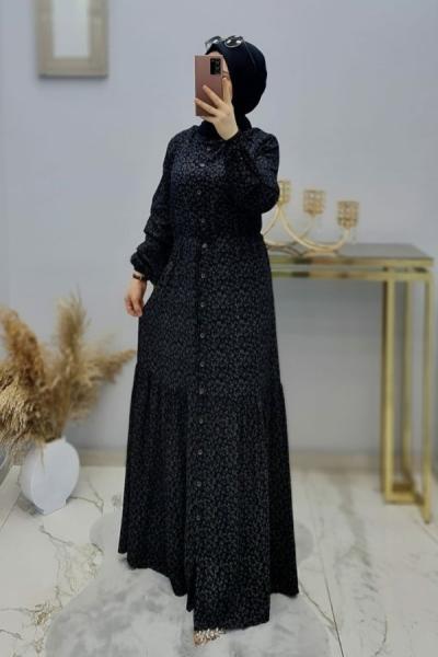 Önü Düğmeli Beli İpli Elbisem Siyah