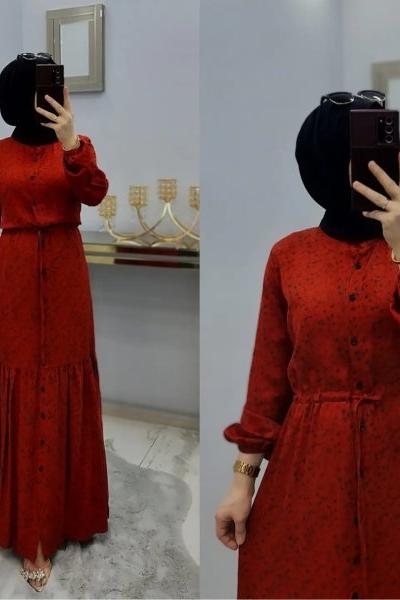 Önü Düğmeli Beli İpli Elbisem Kırmızı