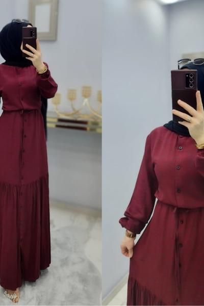 Önü Düğmeli Beli İpli Elbisem Bordo
