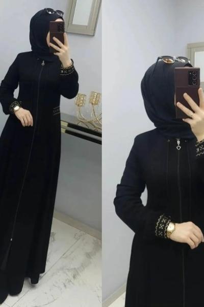 Önü Fermuarlı İşlemeli Feracem Siyah