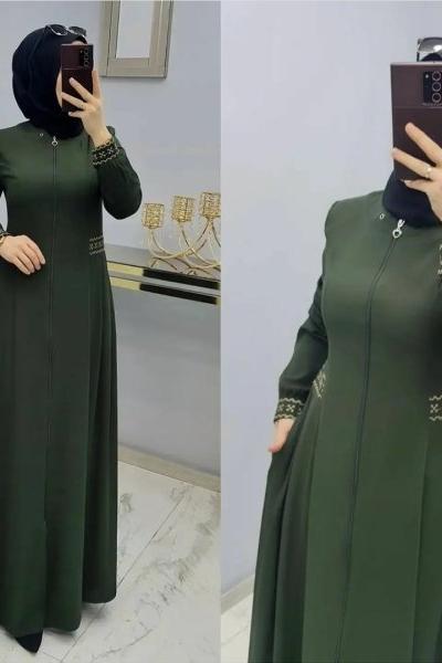 Önü Fermuarlı İşlemeli Feracem Haki