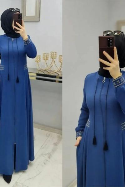 Önü Fermuarlı İşlemeli Feracem İndigo