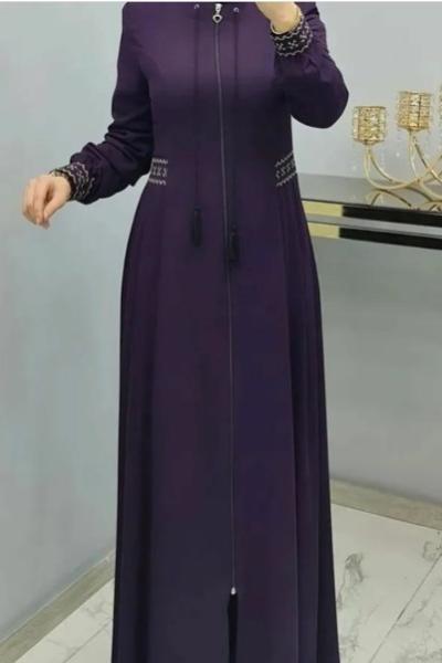 Önü Fermuarlı İşlemeli Feracem Mor