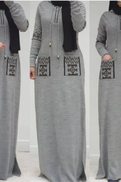 Önü Fermuarlı Triko Elbisem Gri