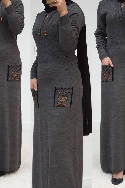 Önü Fermuarlı Triko Elbisem Füme