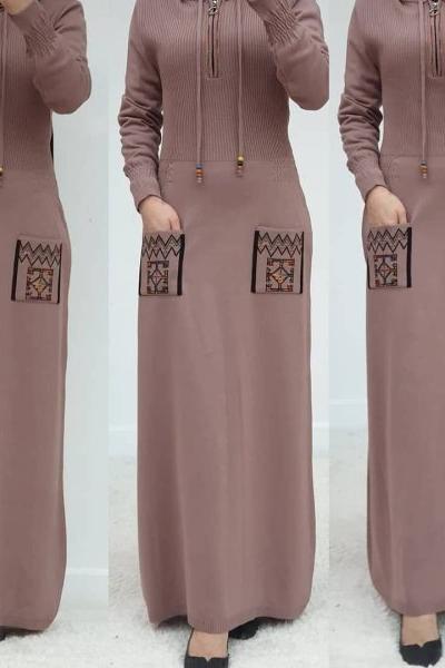 Önü Fermuarlı Triko Elbisem Gül