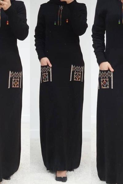 Önü Fermuarlı Triko Elbisem Siyah