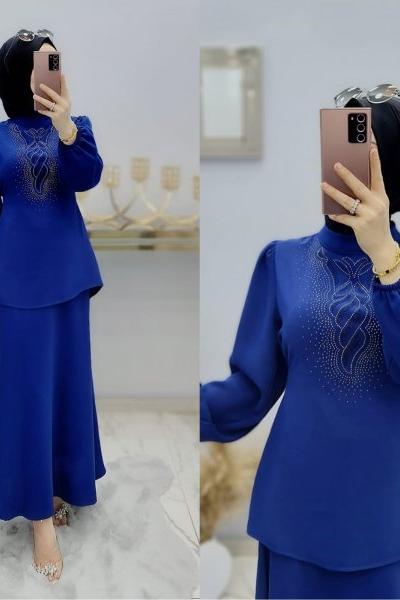 Önü İşlemeli Etekli Takımım Saks Mavisi