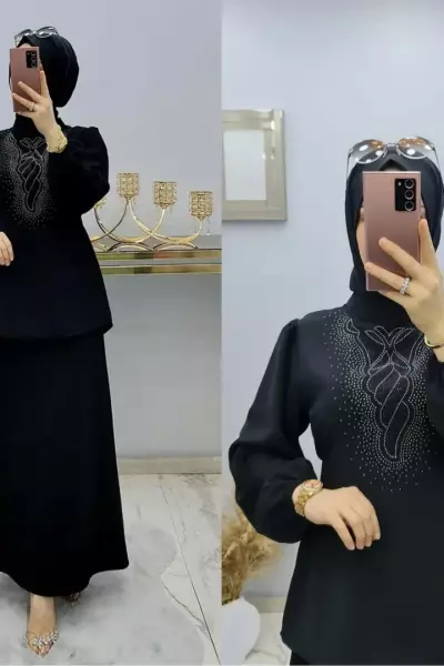 Önü İşlemeli Etekli Takımım Siyah