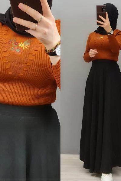 Önü İşlemeli Kazağım Kiremit