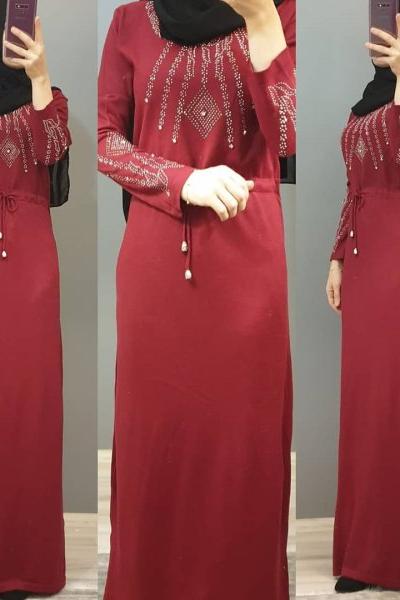 Önü Taşlı Elbisem Bordo