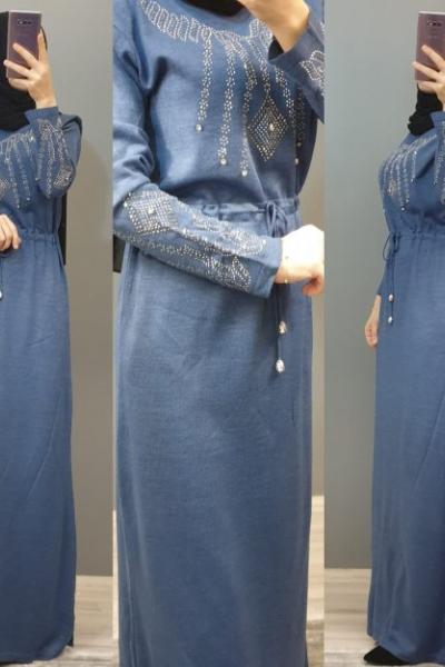 Önü Taşlı Elbisem  Mavi