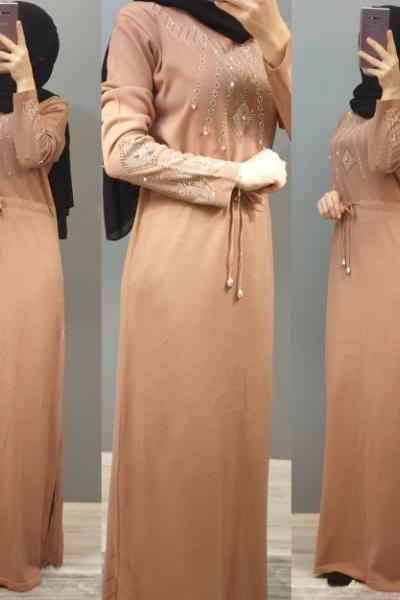 Önü Taşlı Elbisem  Pudra