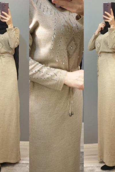 Önü Taşlı Elbisem  Vizon