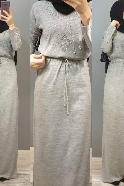 Önü Taşlı Elbisem  Gri