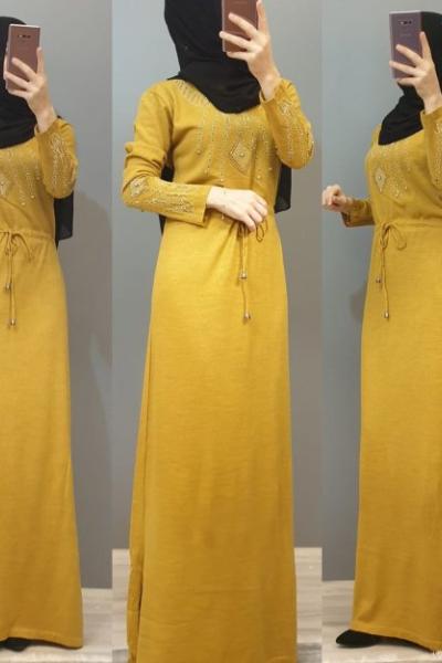 Önü Taşlı Elbisem  Hardal Sarısı