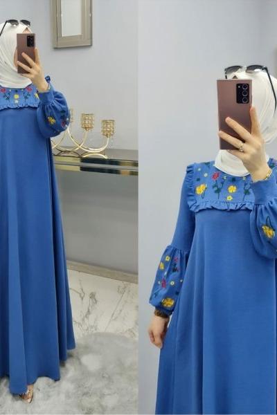 Önü Ve Kolu Çiçekli Elbisem Mavi