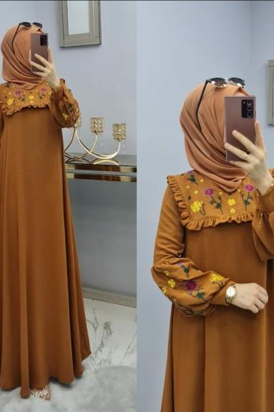 Önü Ve Kolu Çiçekli Elbisem Hardal Sarısı