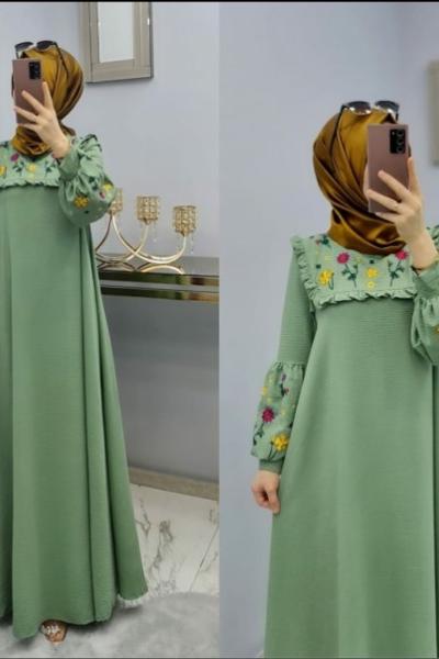 Önü Ve Kolu Çiçekli Elbisem Mint Yeşili