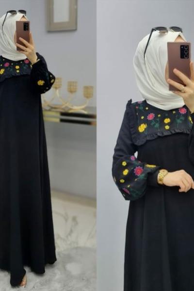 Önü Ve Kolu Çiçekli Elbisem Siyah