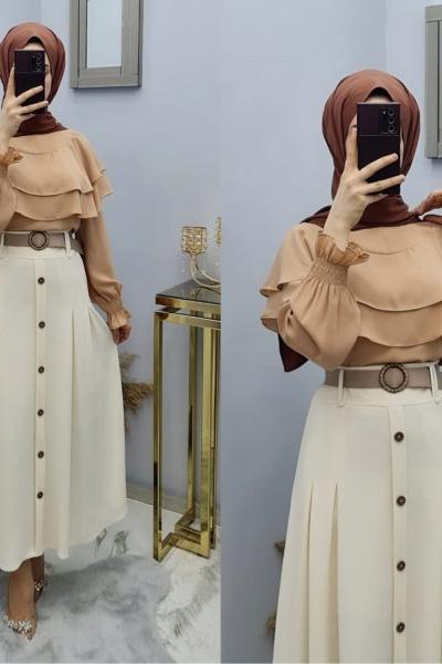 Örme Krep Kumaş Eteğim Ekru